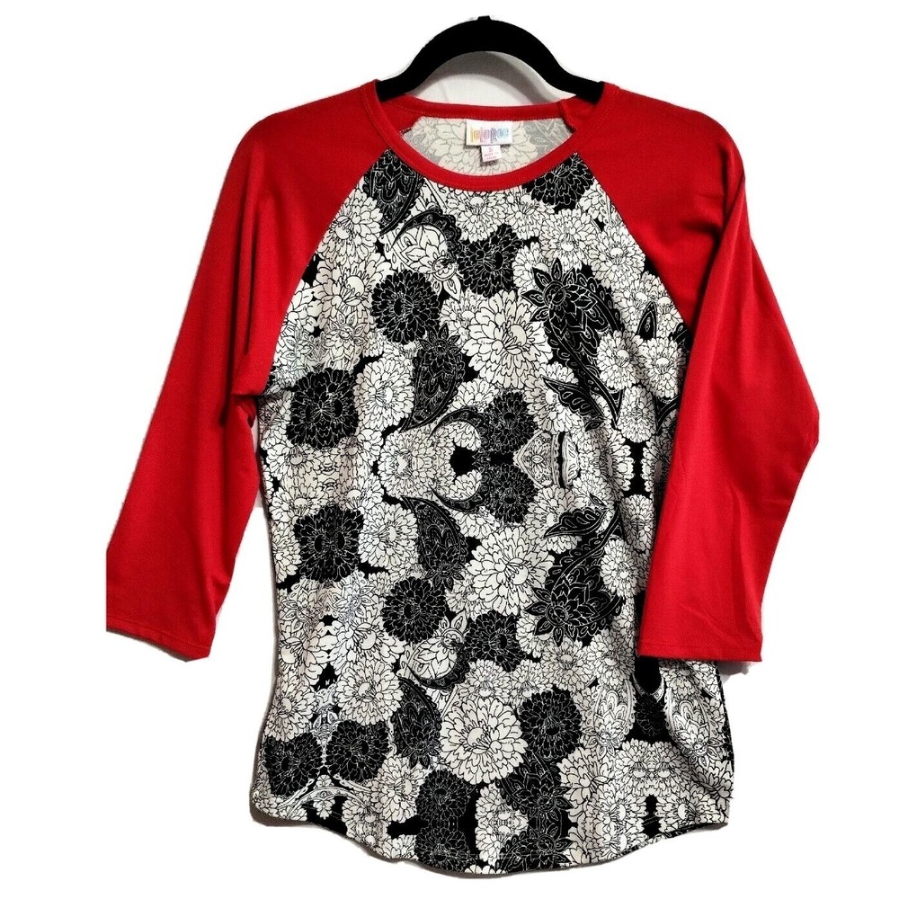 LuLaRoe Randy‎ Baseball Tee Womens Small Red Black White Floral Floral Stretch